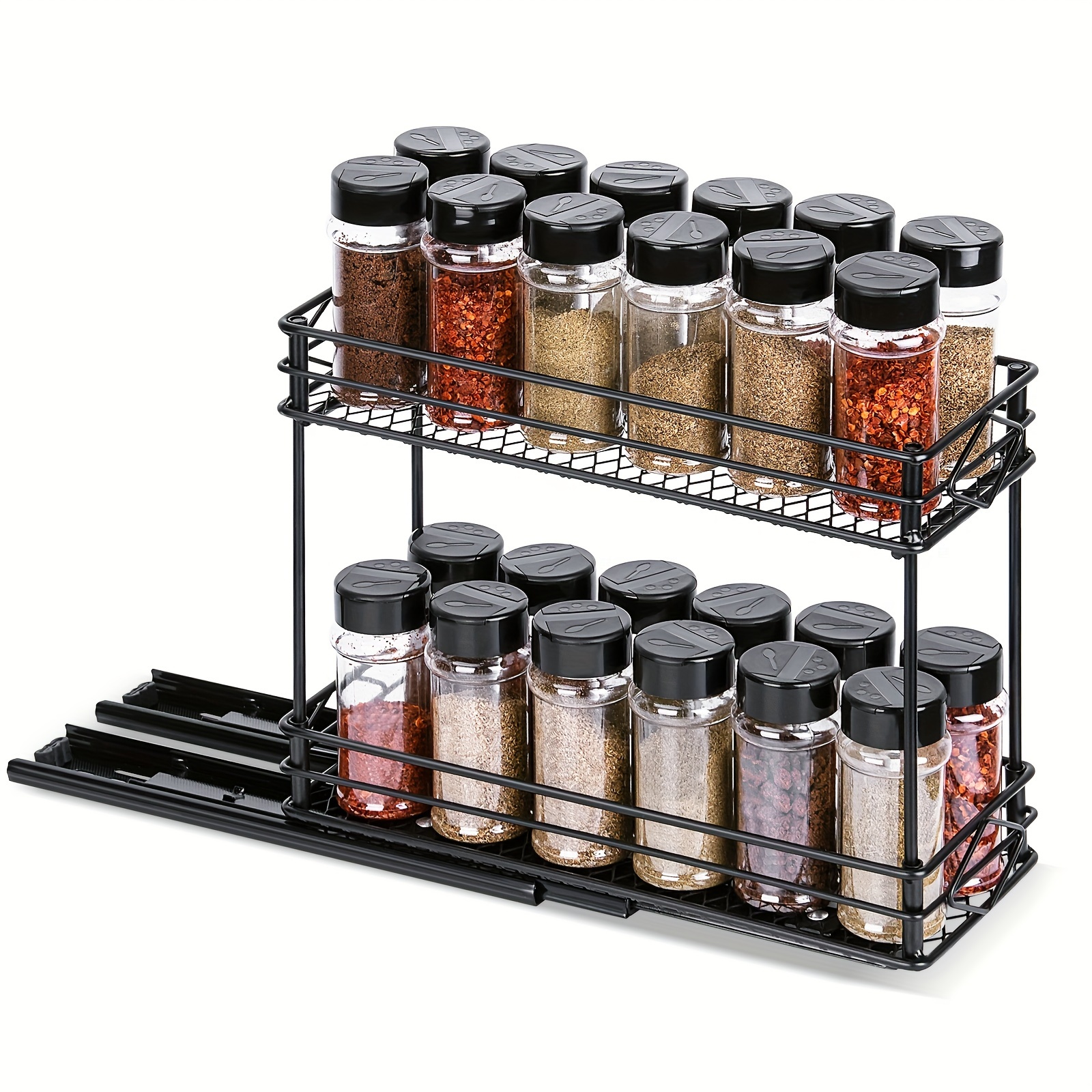 Image of Spice Rack Organizer For Cabinet, 2-tier Pull Out Spice Organizer For Cabinet Height Adjustable Heavy Duty Metal Basket For Inside Cabinets & Pantry Closet