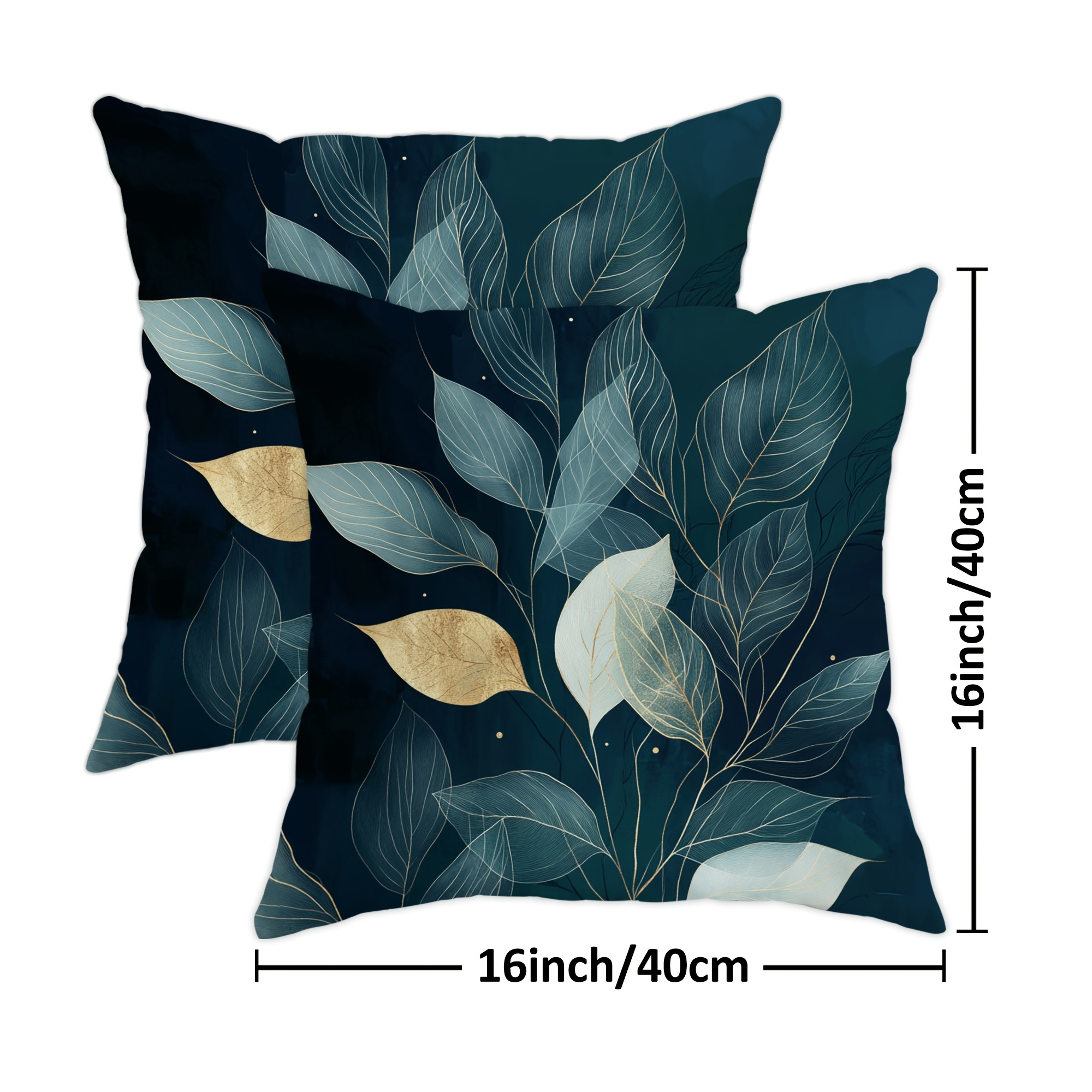 TEMU 2pcs Spring Summer Dark Blue Sage Green Large Leaves Golden Veins Botanical Abstract Village Velvet Throw Pillow Covers Cosy Soft Decorative