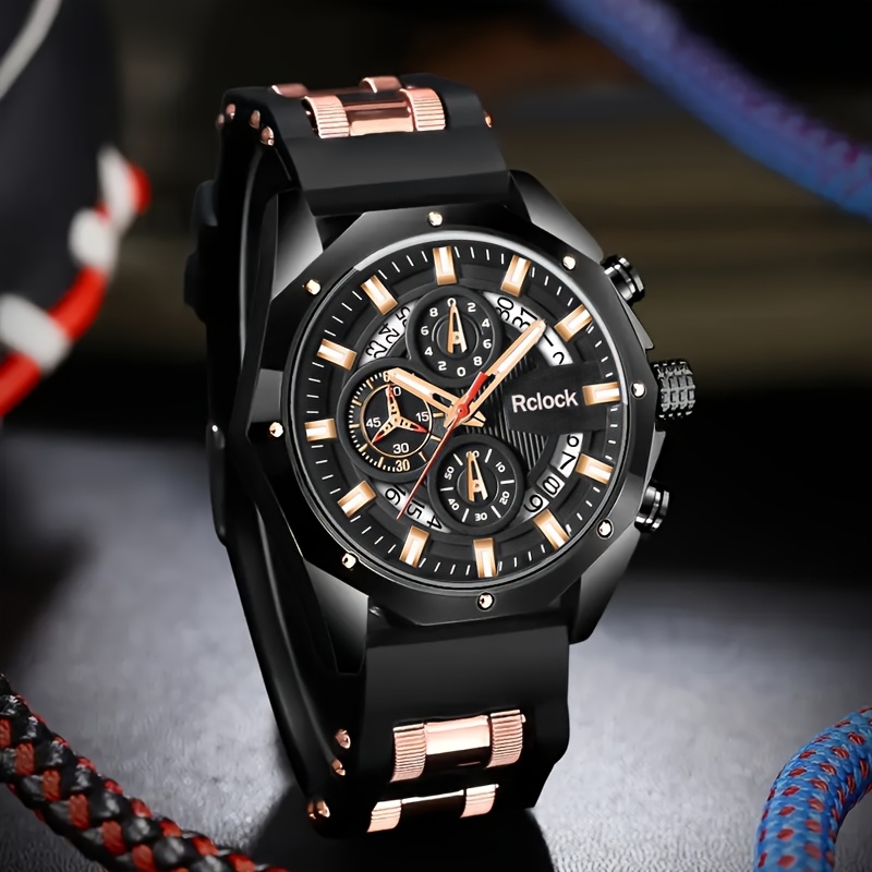 TEMU 1pc Men's Vintage Sports Chronograph - Large Round Dial, Silicone Strap, Quartz Movement, Calendar Function, Non-waterproof Alloy Case,