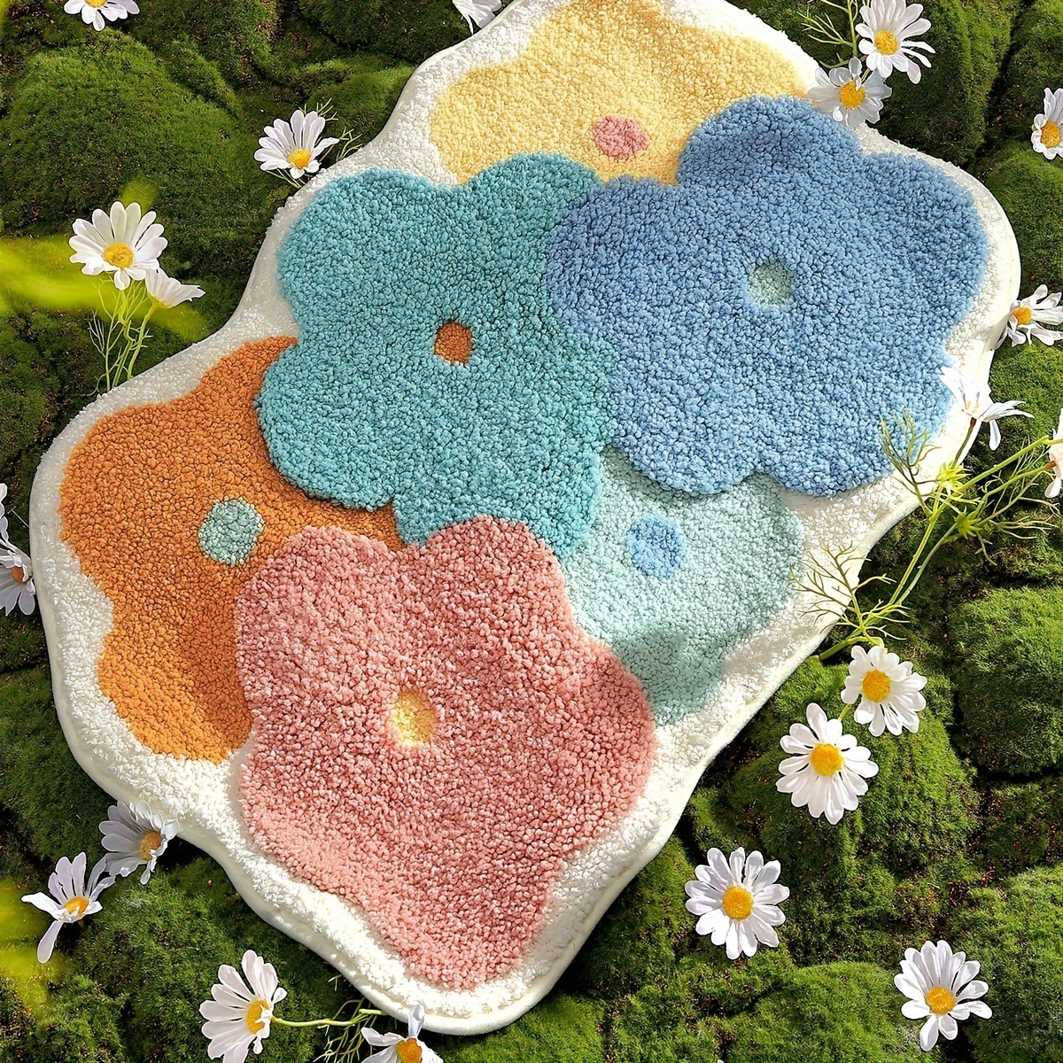 colorful flower shaped non slip bathroom mat soft absorbent durable polyester blend floor mat with vibrant orange   and green petal designs ideal for shower and bathroom use bathroom mat decorative floor mat soft texture mat bathroom mat decor Product details 2