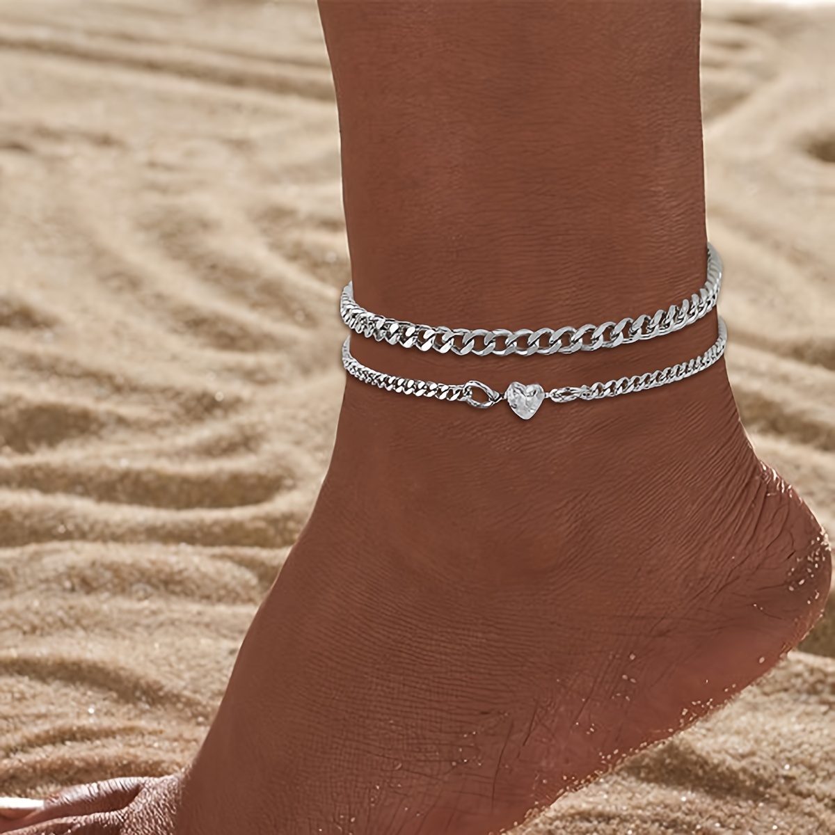 TEMU 2pcs Foot Chain, Women's Foot Chain, Summer Beach Style Love , Stainless Steel Material, Women's Beach Party Date Gift