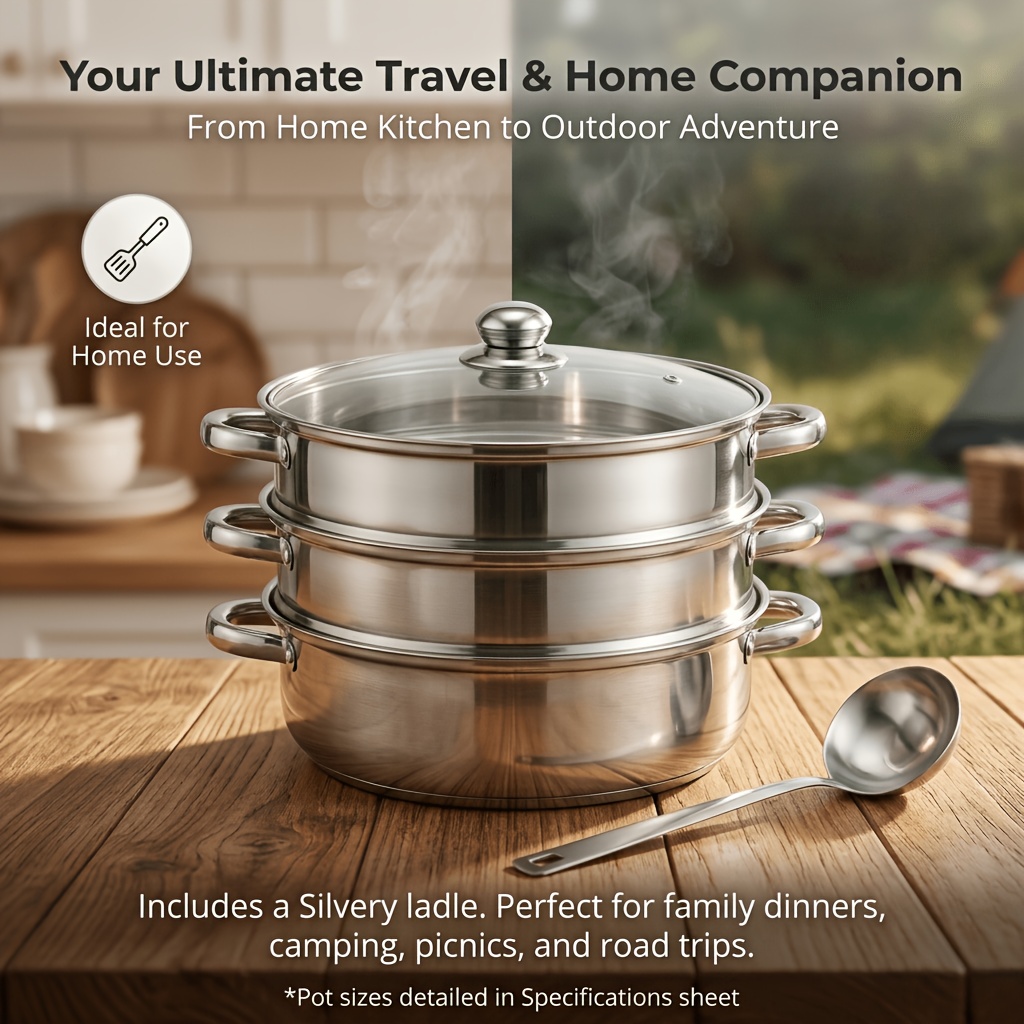 TEMU 3-tier 5pcs Stainless Steel Steamer With Lid Cookware Set - Multifunctional Soup Pot, Suitable For Vegetables, Dumplings, Buns, Fish Cooking -