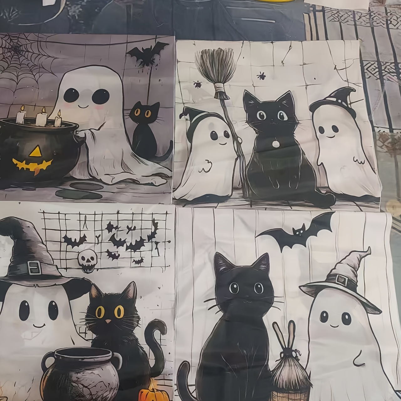 TEMU Lot de 4 housses de coussin d'Halloween, impression 45X45cm, Citrouille Chauve-souris Housses de coussin carrées décoratives pour canapé,