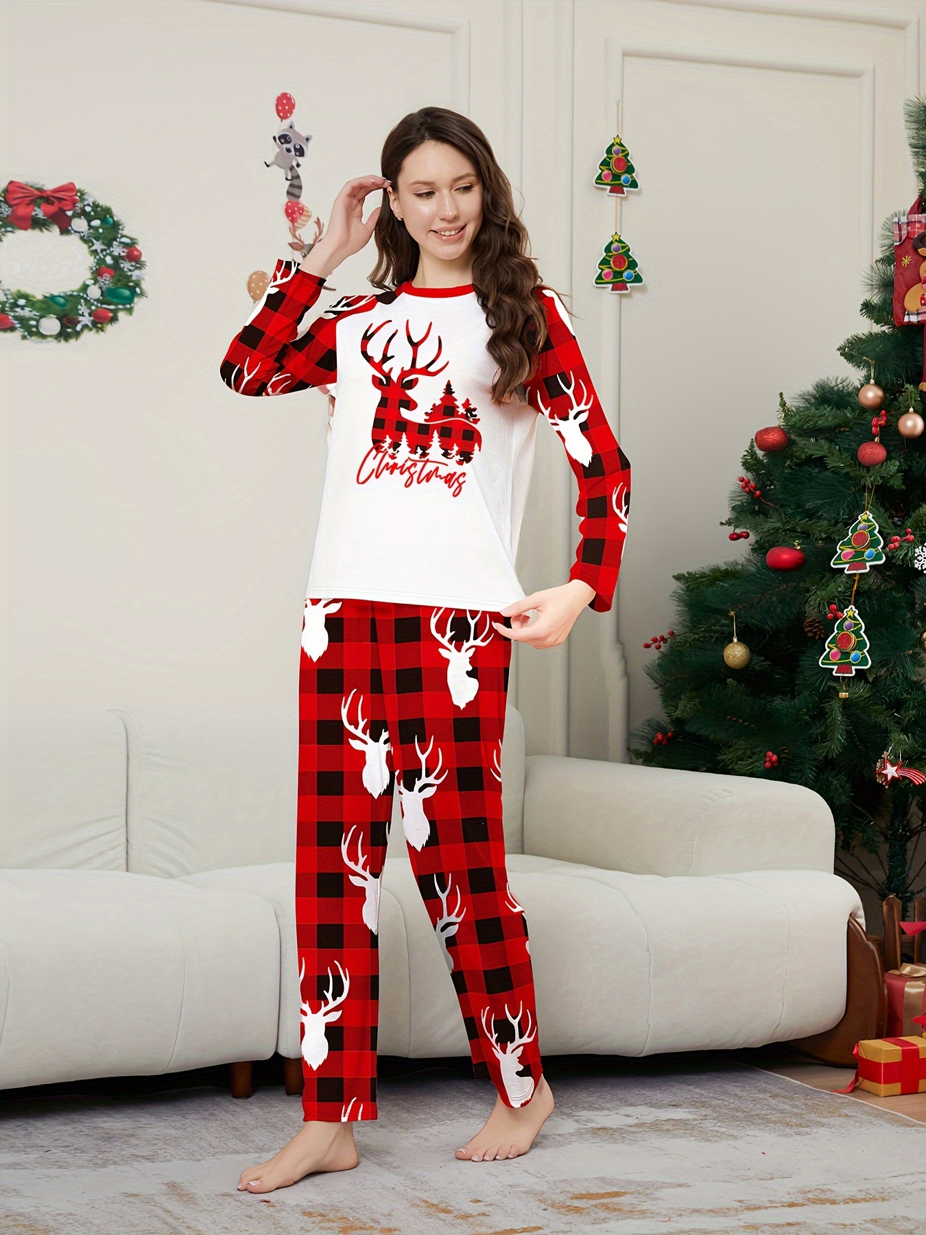 juego pijama navideño mujer estampado cuadros reno Temu Spain