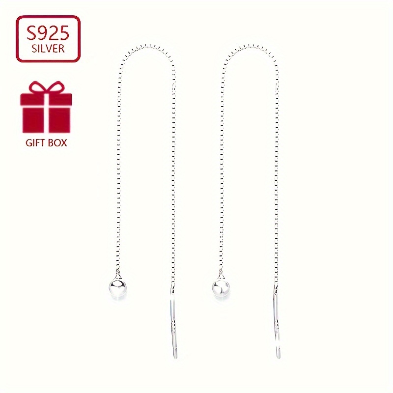 

925 Sterling Silver Tassel Earrings, Hypoallergenic Minimalist Long Chain With Small Bead, Luxurious Lightweight Fashion Ear Threads For Women