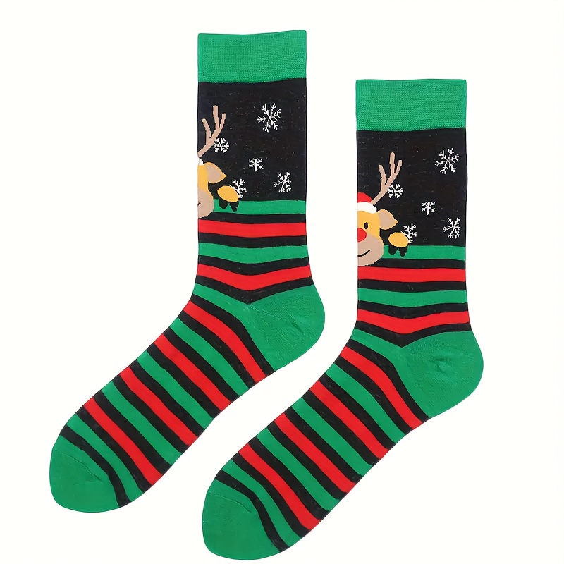 Image of 1 Pair Of Men's Holiday Reindeer Socks - Fun Christmas Stockings With Santa Hat Design, Comfortable Novelty Gift For The