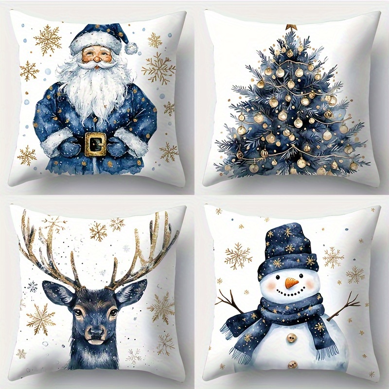 

4pcs, New Christmas Pillows, Santa Claus, Snowman And Elk Prints, Blue, 17.72 * 17.72, Suitable For Living Room Sofa, Bed, Bedroom, Home Decoration, No Pillow