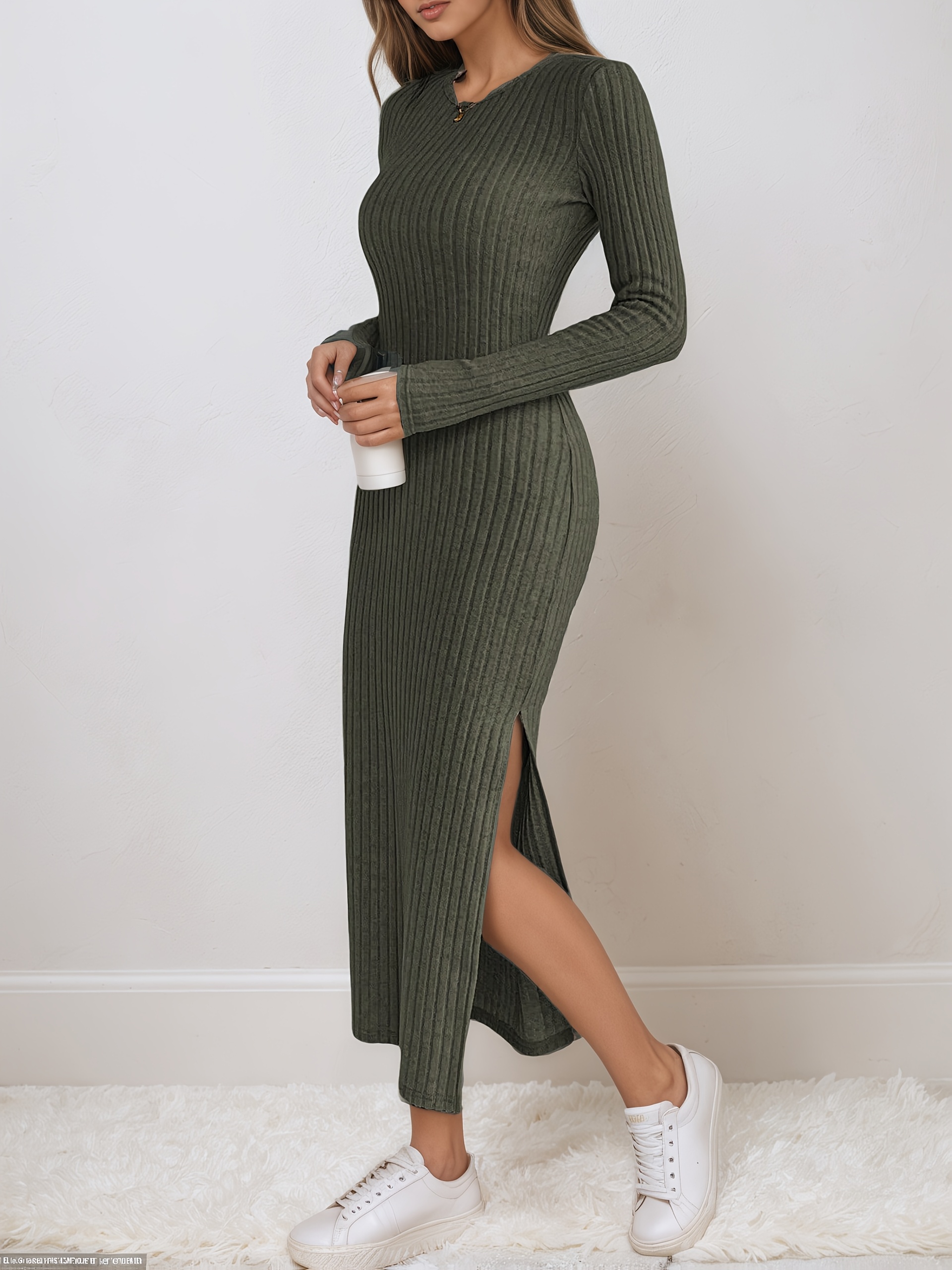 womens elegant olive green vertical striped bodycon dress Temu