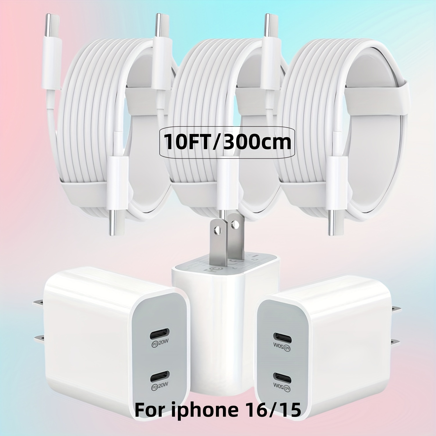 

3- 20w Usb- Adapter - Charging For /15//pro/max, Ipad Pro/air/ 6 10ft Long Usb-c To Usb-c - Charger And Ic