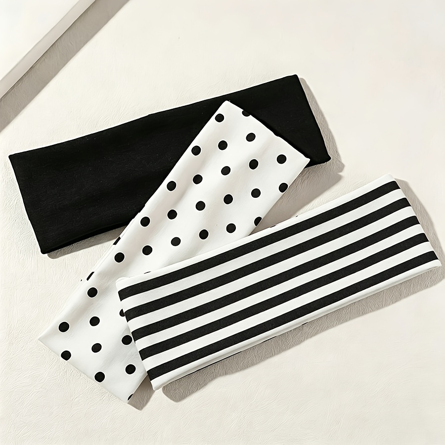 TEMU 3pcs Women's Elastic Headbands Hair Scarves - Black & White Polka Leopard Print Hair Suitable For Daily Wear, Yoga, Fitness, Travel, Ponytails,