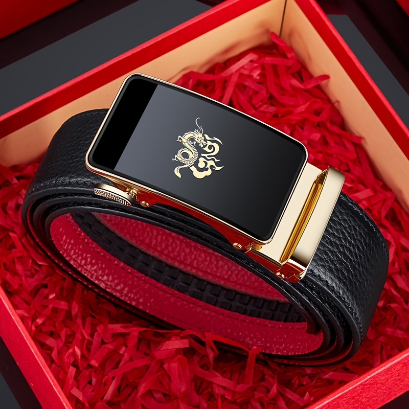 Dragon Pattern Leather Men's Belt w/Automatic Buckle for Casual/Formal Wear