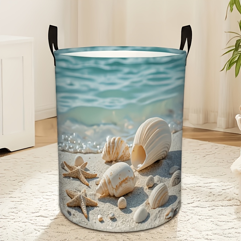 TEMU 1pc Dokriy Ocean Beach Shell Laundry Basket And Storage Basket, Large-capacity Round Basket With Handle For Storage, Suitable For Clothing