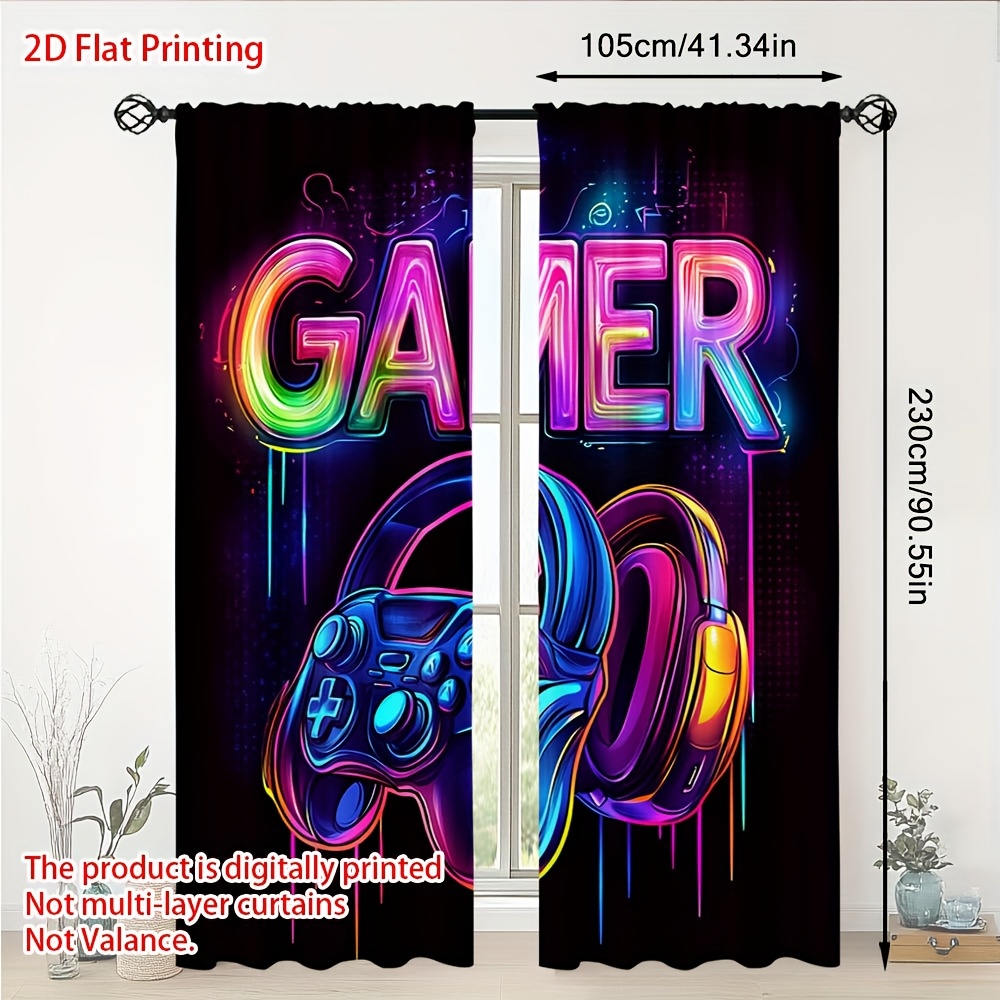 TEMU 2d Flat, 2pcs Gamer Curtains - Neon Gaming Decor With Headphones & Controllers, Semi-sheer Window Drapes For Gaming Room, Home Office, Bedroom -