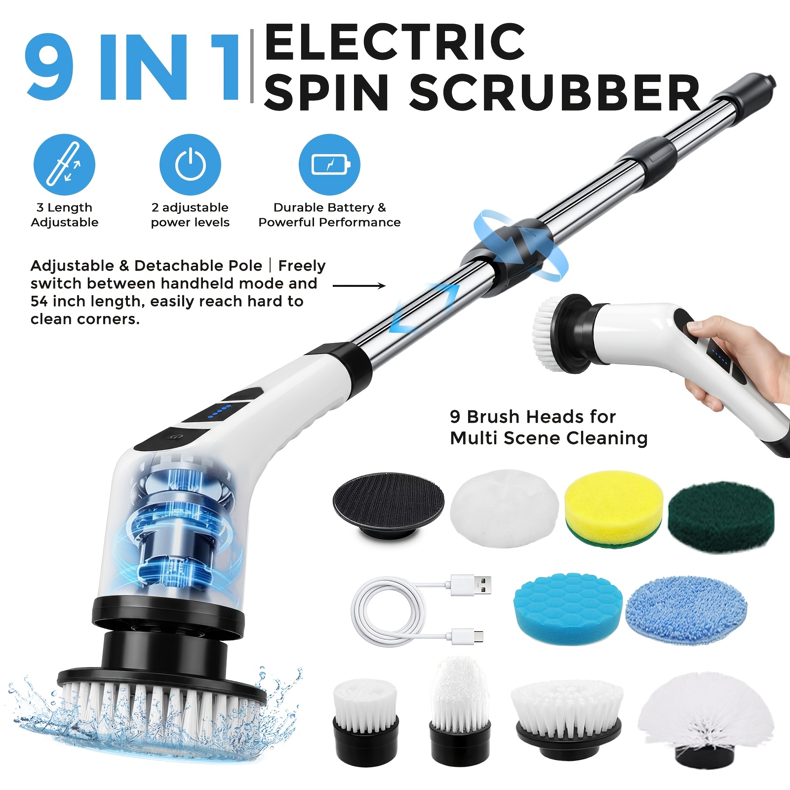 TEMU 9-in-1 Electric Spin Scrubber, 26-54in Adjustable Handle Cordless Cleaning Brush With 9 Replaceable Heads, Quiet Design, 3 Adjustable Lengths, 2