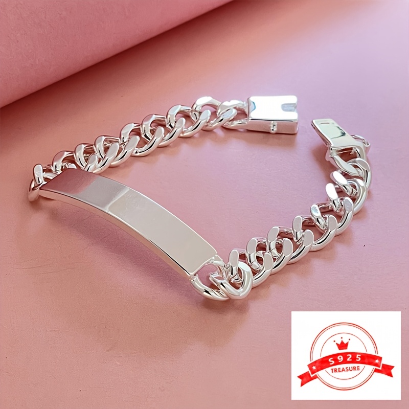 

1pc Unisex 925 Silver Plated Chain Bracelet With Smooth Bar, Fashion Jewelry For Men And Women, Ideal For Wedding, Engagement, Party Accessory