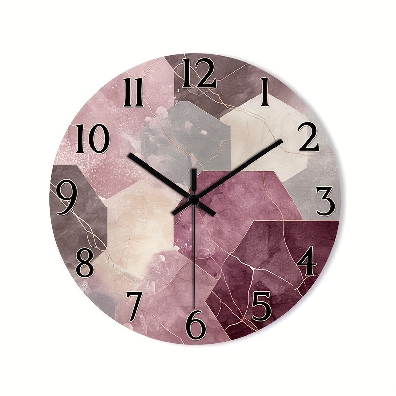 TEMU 1pc 2d Flat Wall Clock Non-ticking Wooden, Circular Clock Hd Glossy Lamination Finish Abstract Geometric Pattern With Golden For Living Room,