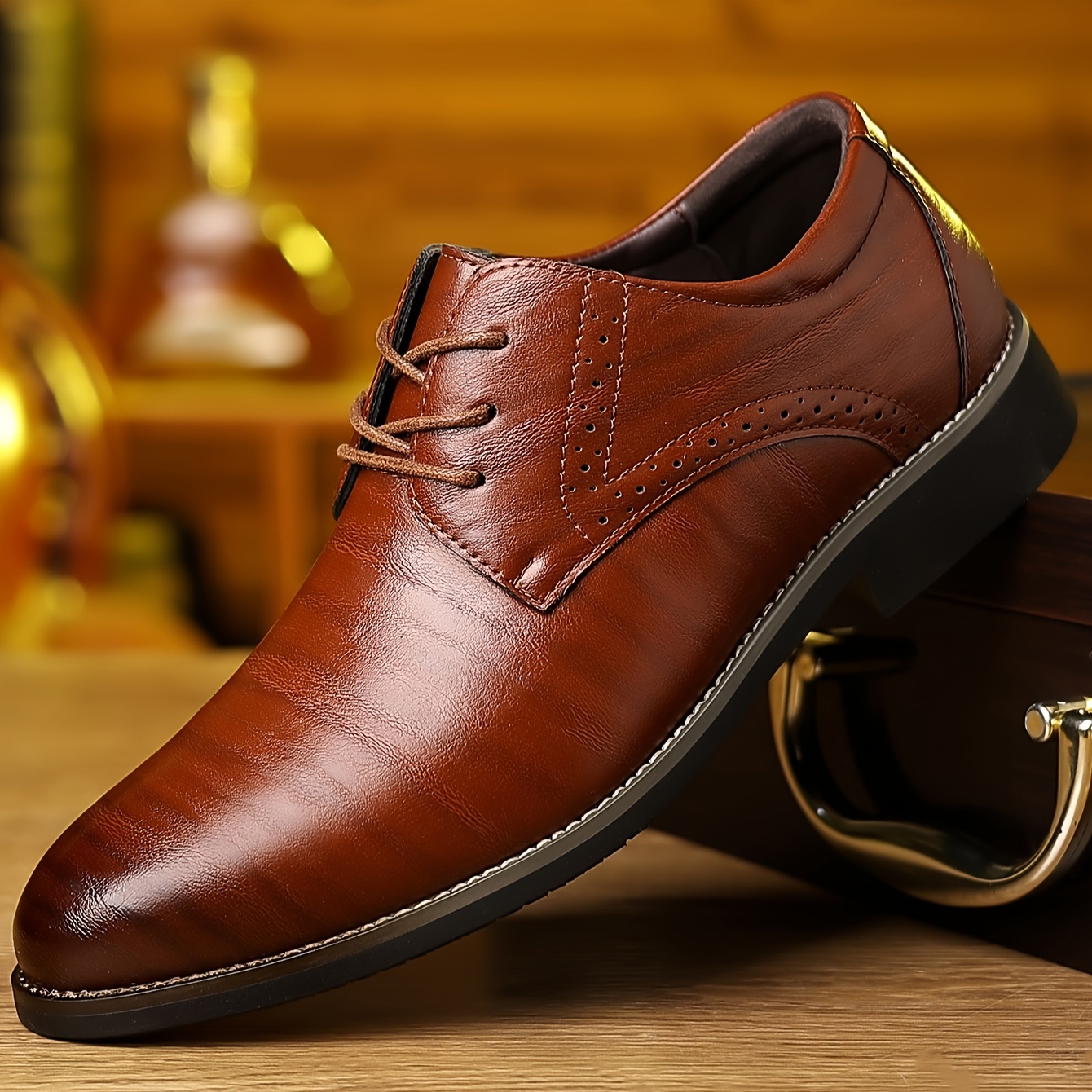 Men's Brown Dress Shoes - Lace-Up Wingtip Oxfords with Rubber Sole, Classic Perforated Design for Formal or Business Occasions
