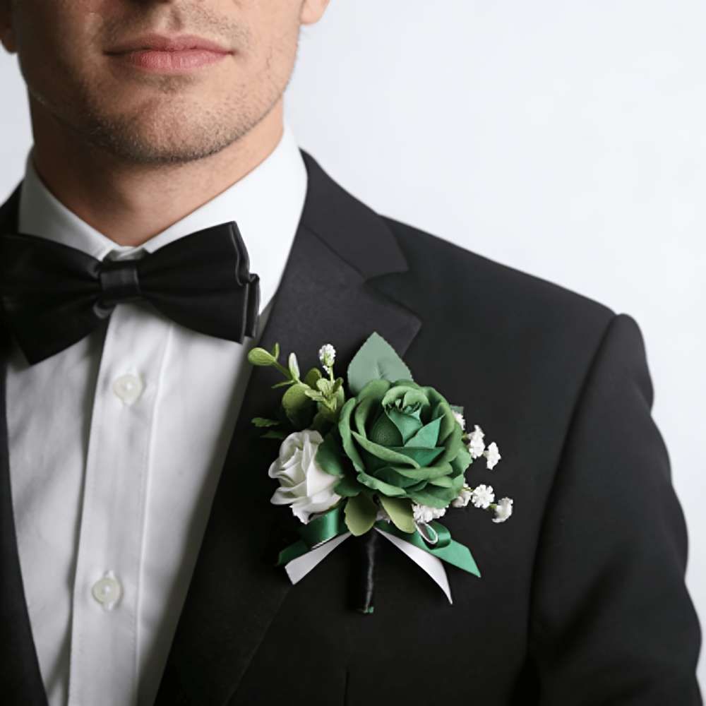 TEMU Boutonnière Main Verte pour , Épingle de de Mariage Rustique avec Perle et Ruban, Accessoire Floral pour Costume de Témoins de Mariage pour Bal