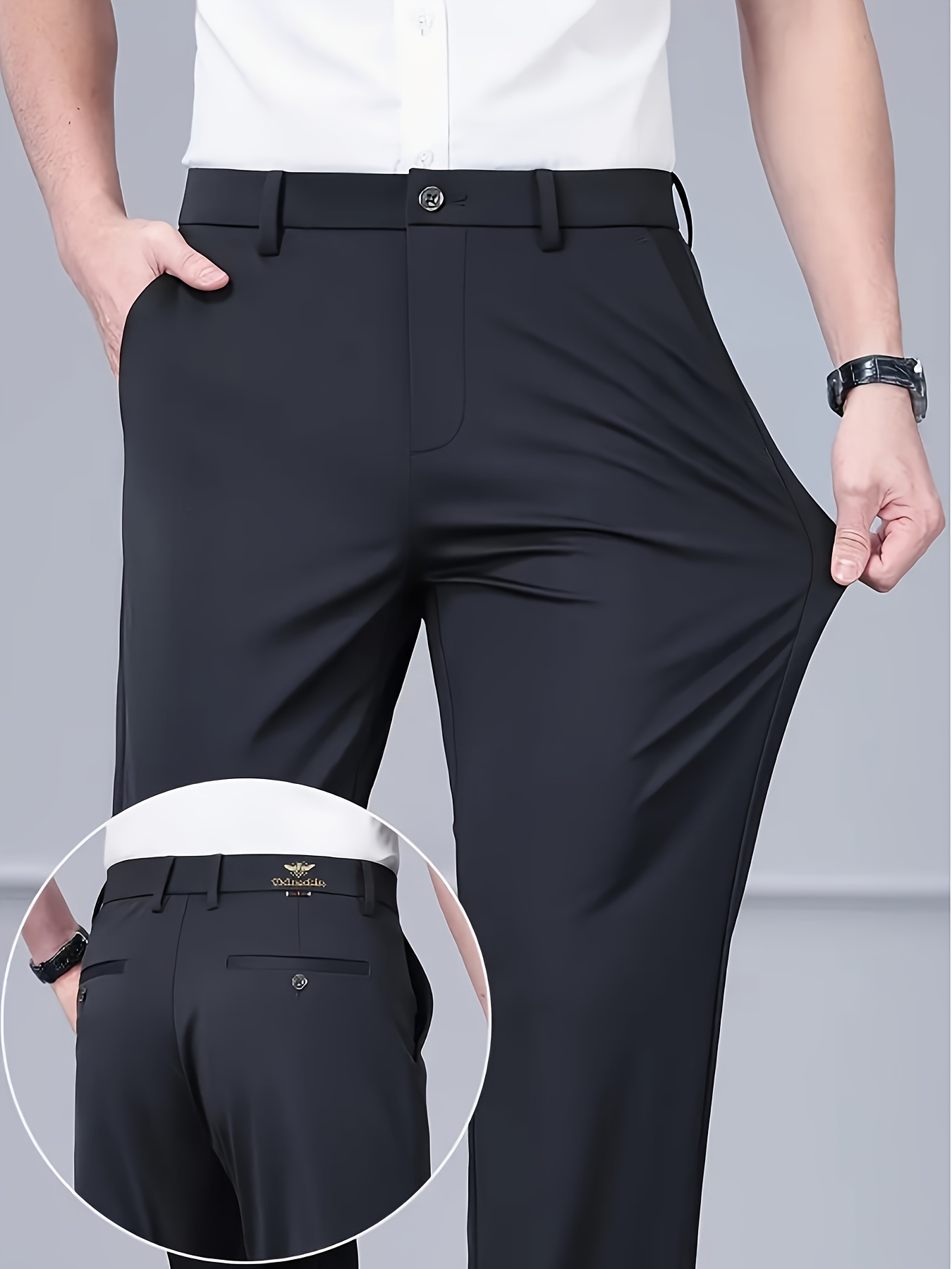 new casual elastic straight leg   fit embroidered black dress pants for men   wrinkle comfortable formal trousers