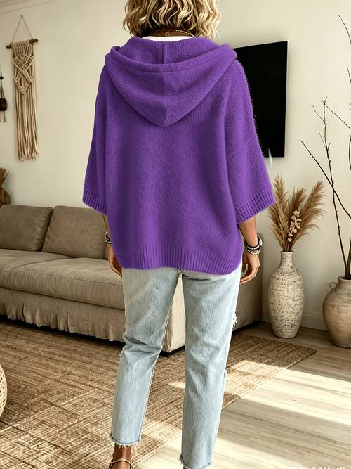 damen eleganter, lässiger, niedlicher, kapuzenpullover, kurzer umhangcardigan mit fledermausärmeln, kurzärmelig, halblangärmelig, strickware, plüsch, gemustert, einfarbig, weicher, warmer pullover