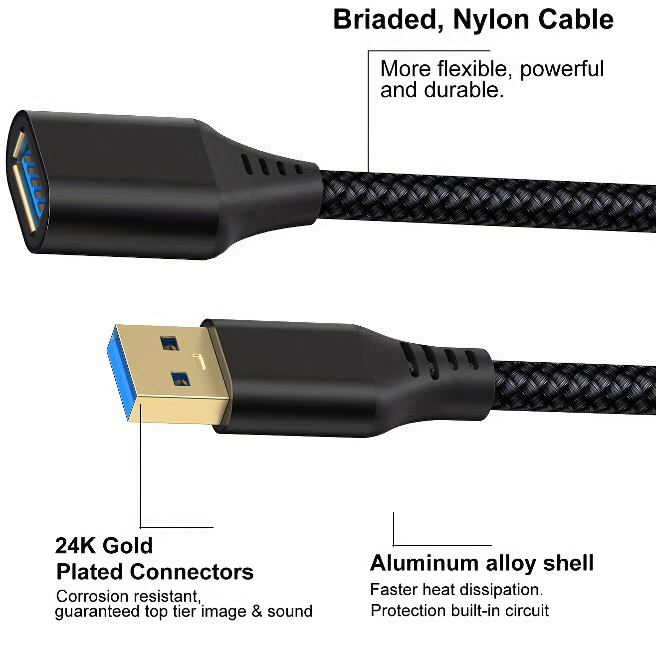 Reliable 1pc/2pcs USB Extensions Cable High Speed USB 3.0 Extension Cord Type A Male to Female Sturdy Braided Material Fast Data Transfer Compatible with USB Keyboard, Mouse, Flash Drive, black/ grey 9 Reliable 1pc/2pcs USB Extensions Cable High Speed USB 3.0 Extension Cord Type A Male to Female Sturdy Braided Material Fast Data Transfer Compatible with USB Keyboard, Mouse, Flash Drive, black/ grey - Image 9