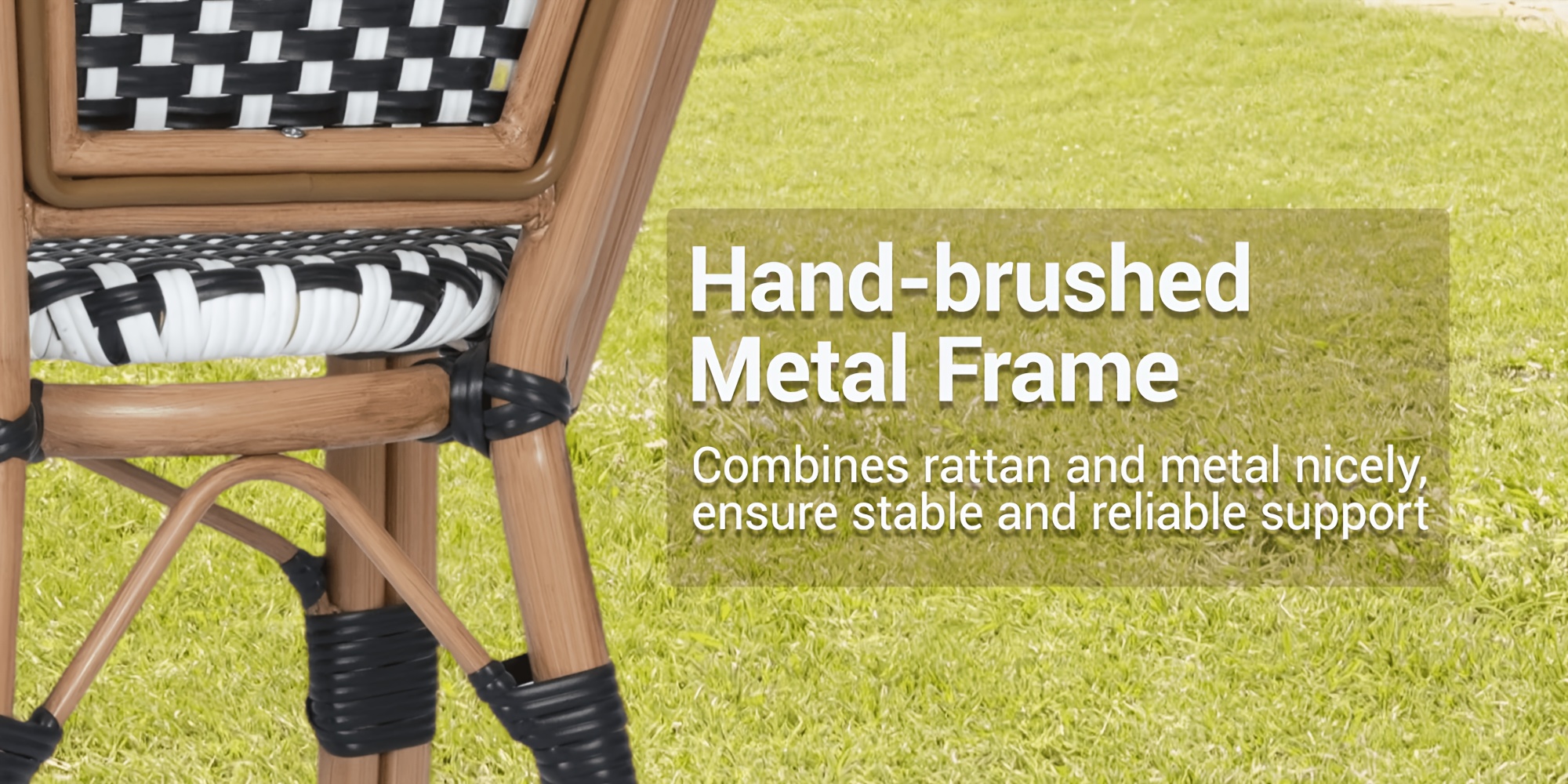 French Bistro Chairs Set Of 2, Hand-Woven PE Rattan Outdoor Arm Dining Chairs with Metal Frame for Garden Balcony