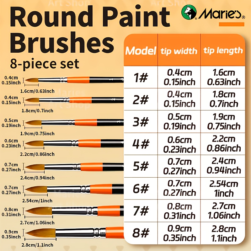 TEMU 8pcs Marie's Round Tips Paint Brushes Set For Watercolor Painting, Professional Nylon Hair Paintbrushes Long Handle Brush Kit For Oil,