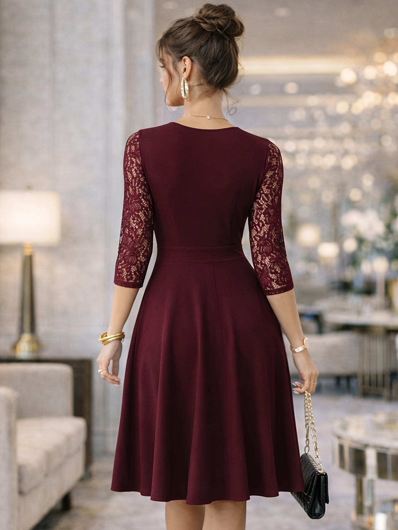 A-Line Dress with V Neck And Lace Sleeves for Women, Perfect for Weddings And Cocktail Parties