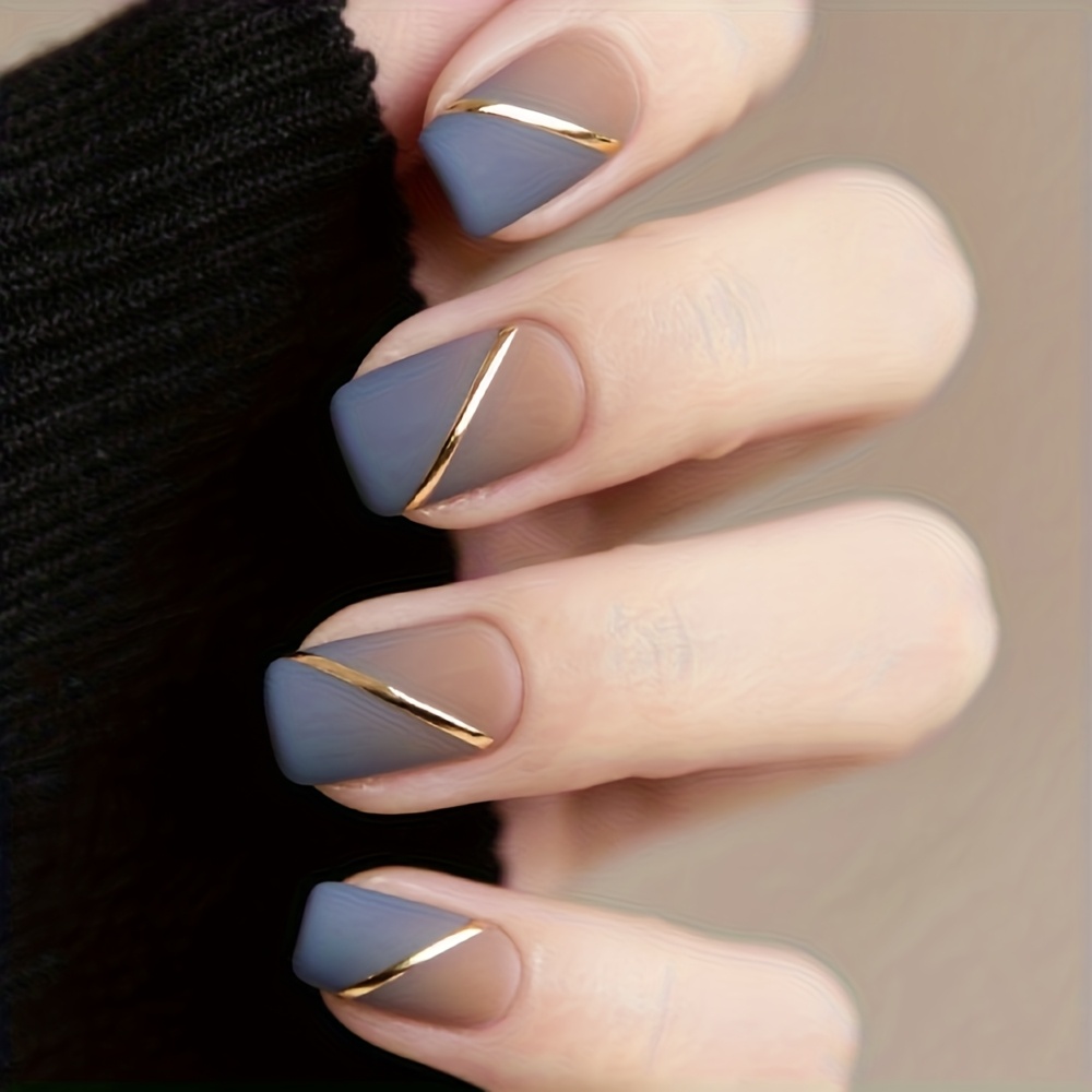24pcs Medium Square Press On Nails Matte Nails Blue French Style Fake Nails With Gilded Stripes Pattern And Gradient Artificial Reusable False Nails For Mature Women And