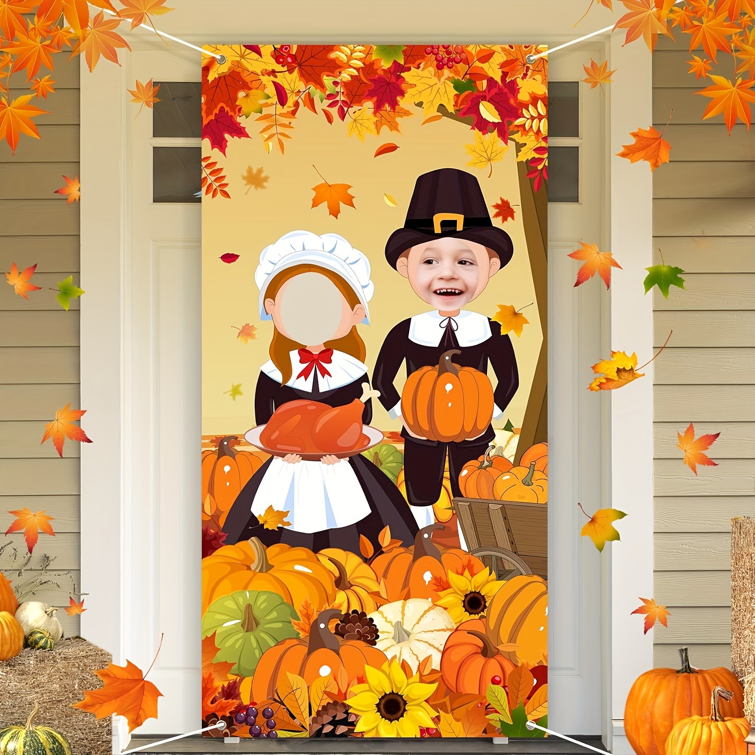 

Thanksgiving Pilgrim-themed Door Banner - Fall Photo Backdrop With Pumpkin & Sunflower Design, Polyester, Versatile Indoor/outdoor Decor For Thanksgiving Party