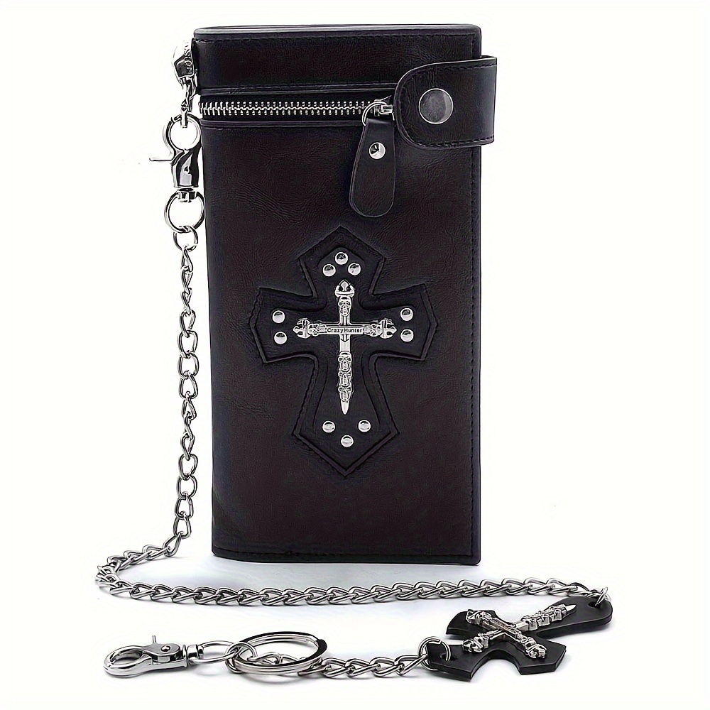 mens gothic skull cross leather biker punk wallet with a