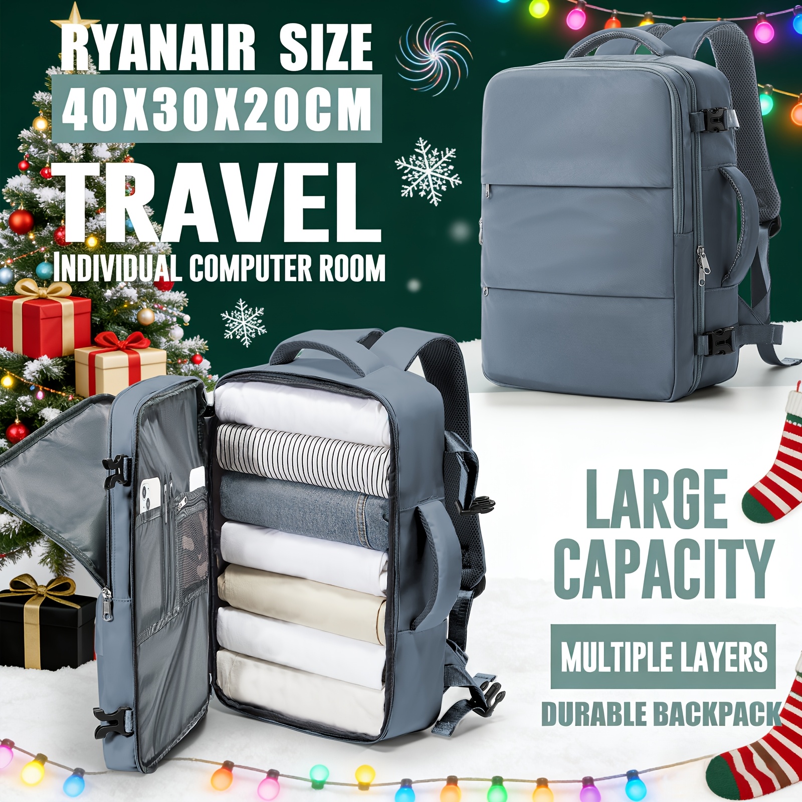 TEMU Ryanair 40x30x20cm Stor Reseryggsäck med 14- Laptopfack, Kraftig Kabinväska för Flygplan, Vandring, Kontor - Lättvikts Konvertibel Ryggsäck med