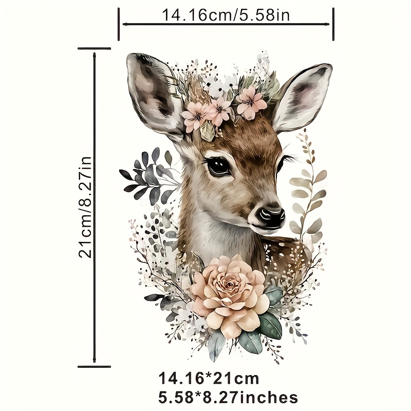 Image of 6pcs Floral Deer Iron-on Heat Transfer Vinyl Patch, Mixed Color Diy Applique For T-shirts, Pillow Covers & Accessories – Flower And Fawn Series Decals
