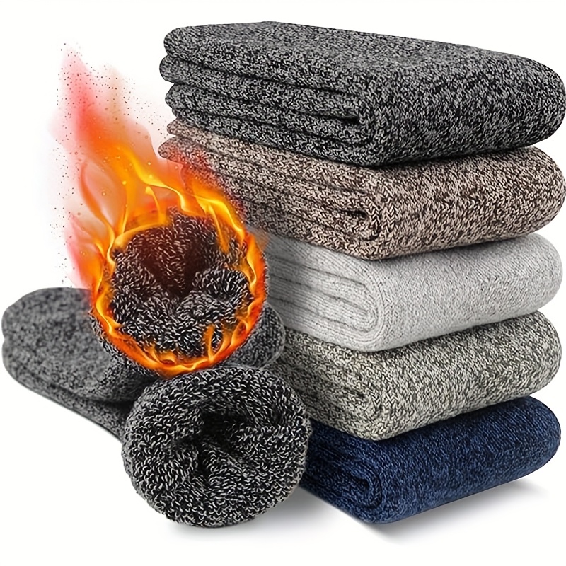 TEMU 5 Pairs Men's Knitted Wool Wool Thermal Socks - Soft Thick Warm Mid-calf Hiking Socks For Winter, Breathable & Durable, Mixed Colors, Winter