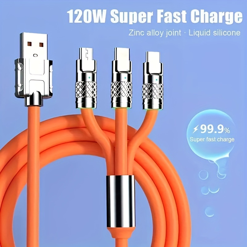 

120w Triple-headed Super Fast Charging Cable - Universal For , Type C & Android, 1 Drag 3 Function, Stylish Car-friendly Design With Data Sync