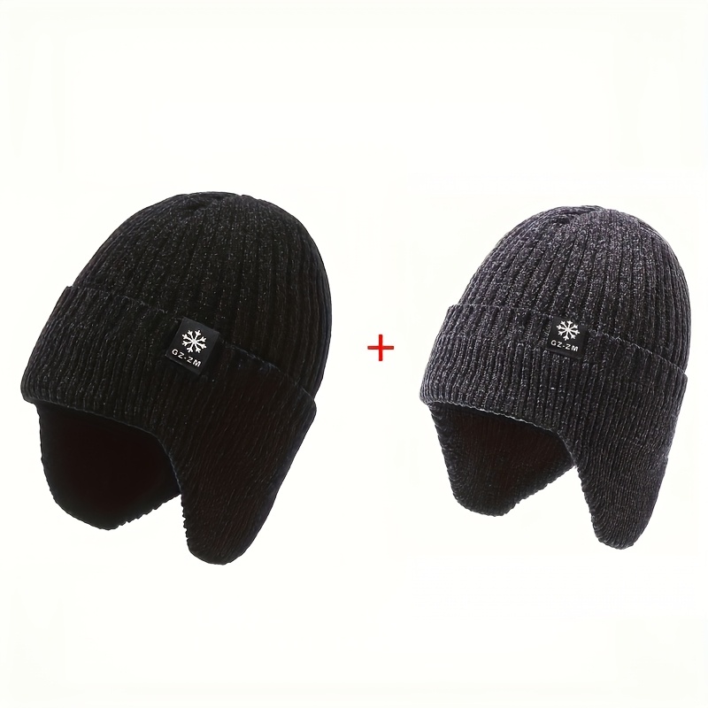 TEMU 2pcs Men's Winter Warm Beanie Hat - Black & Navy Cold Weather Cozy Headwear, Solid , Elderly Warmth Accessory Thick Knitted Ear Protection Hat