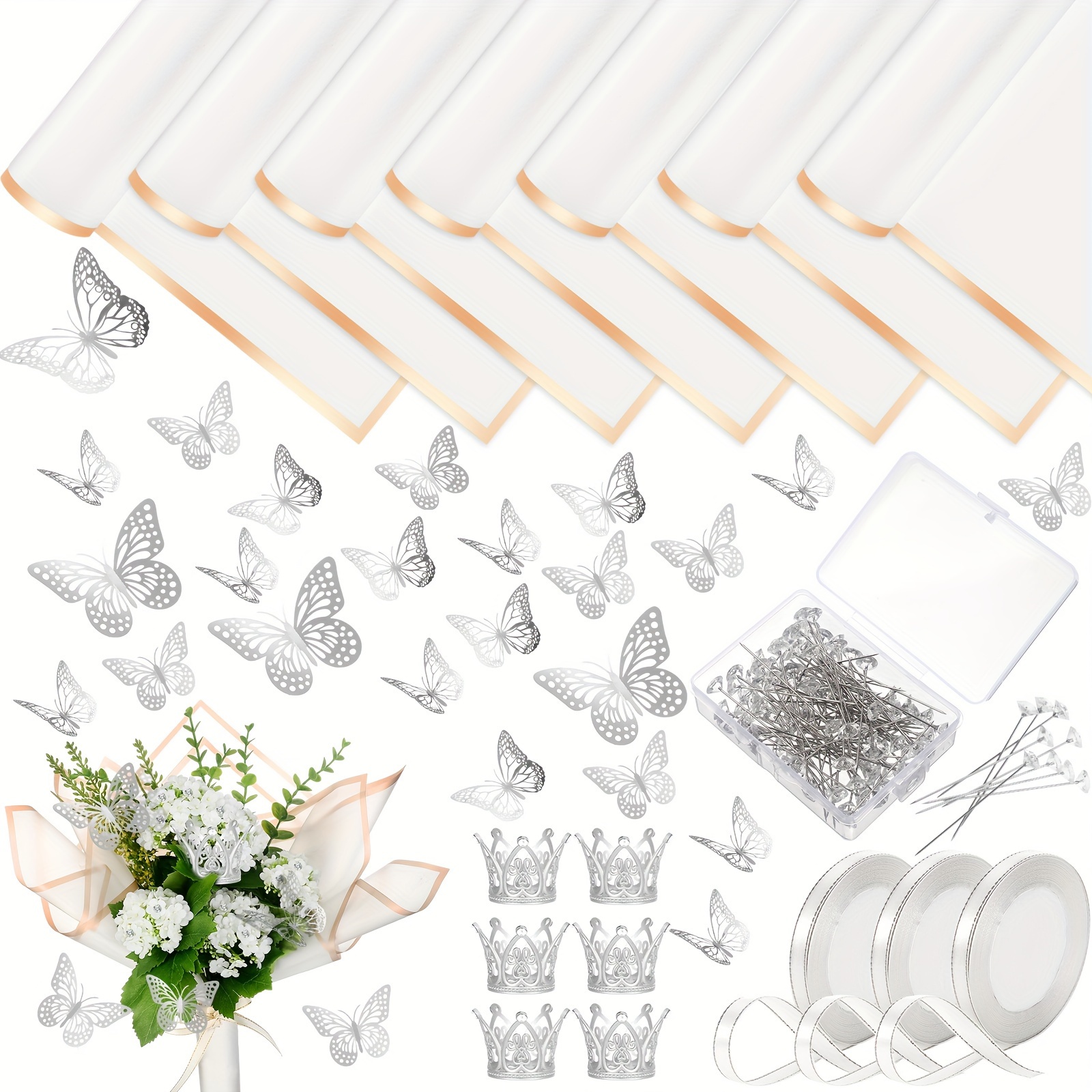 

243 Pcs Flower Bouquet Wrapping Paper Waterproof Floral Wrapping Paper Florist Supplies With Decoration Crowns Ribbons Bouquet Pin Glue For Diy Craft White Silver