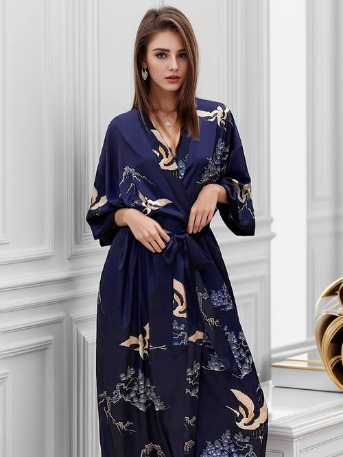 womens floral print robe elegant long sleeve satin nightgown bathrobe loose casual sleepwear loungewear