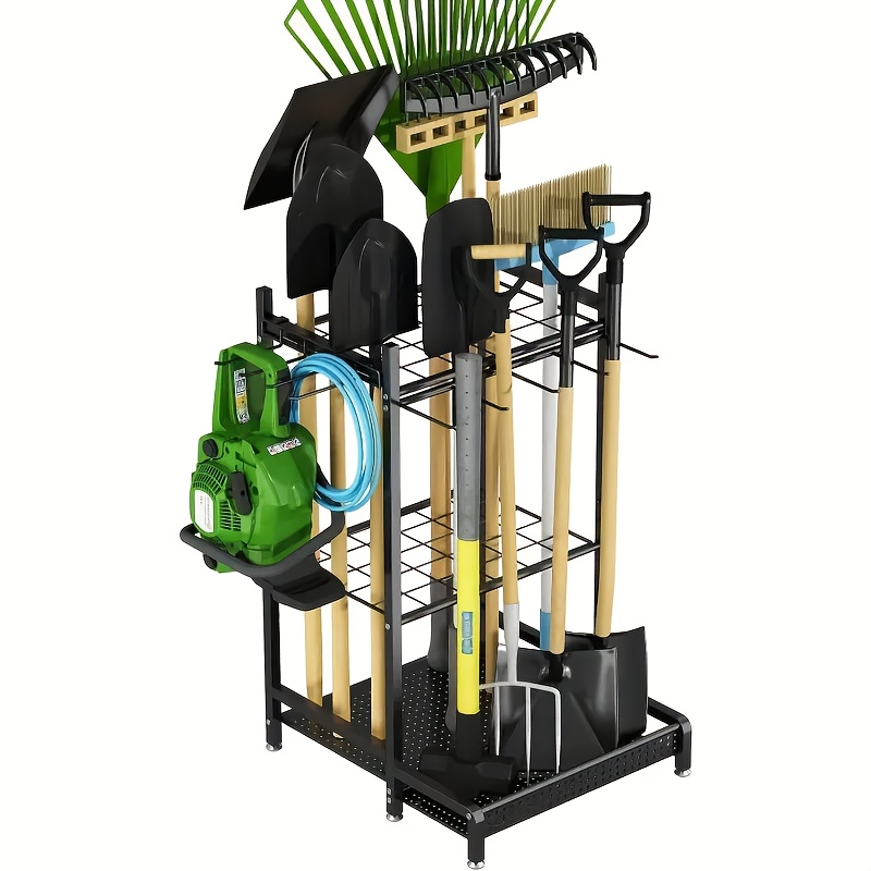 TEMU Garden Tool Organizer With Wheels, Yard Rack For Garage Organization And Storage, Long-handled Tools/rakes/brooms, Heavy Duty Steel Garden Tool