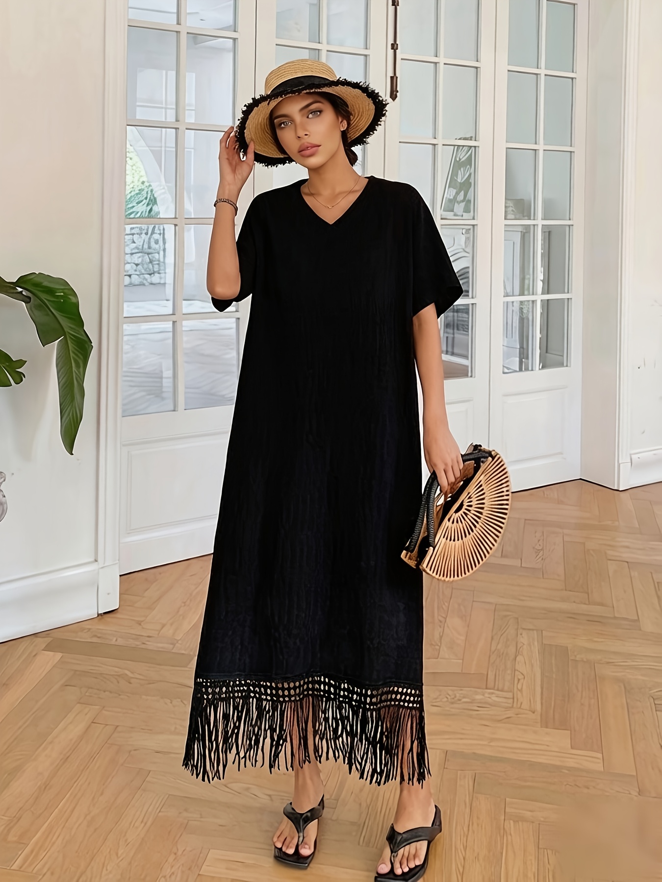 womens v neck tassel dress summer loose fitting tummy