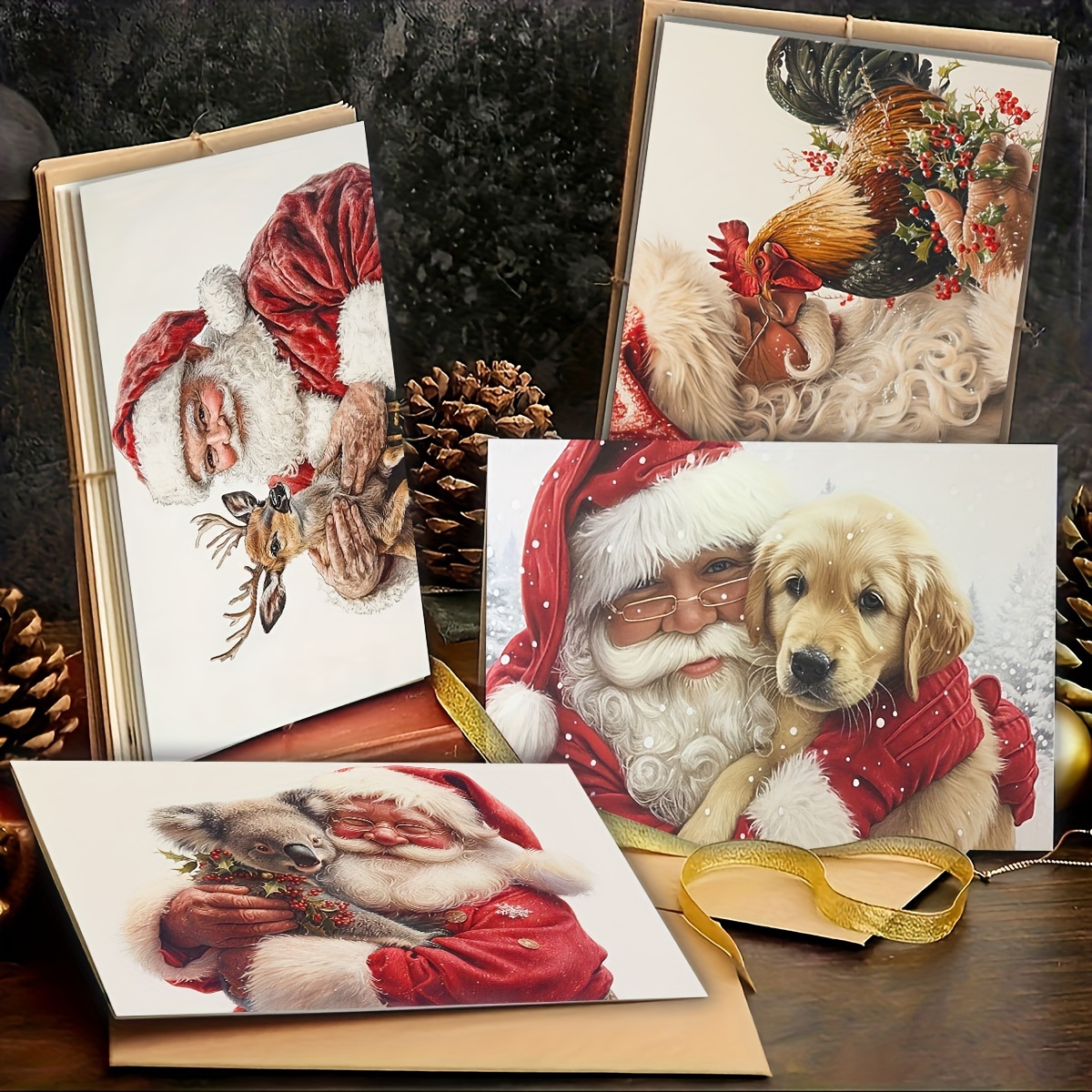 

6pcs Christmas Greeting Card Set With Envelopes - Santa & Design, 3.54x5.11" Folded Size, Holiday Wishes