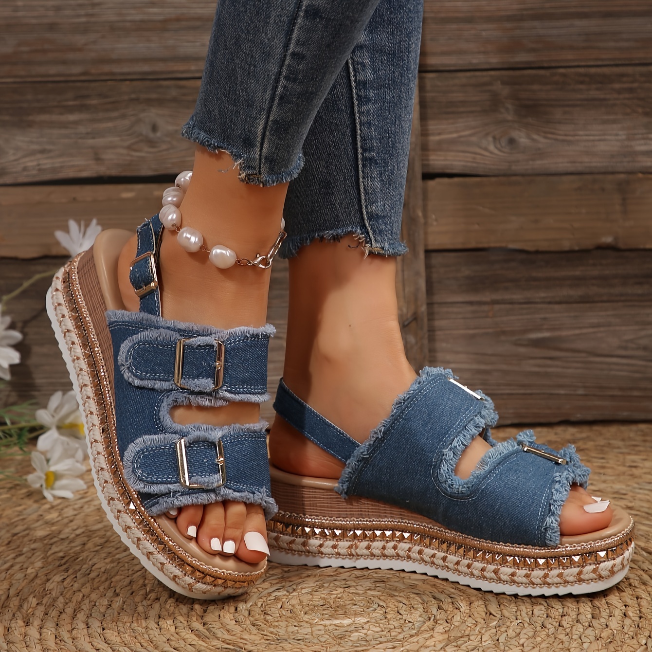 

Women's Denim Wedge Sandals, Fashionable Peep Toe Buckle Strap Platform Shoes, All-match Summer Outdoor Sandals