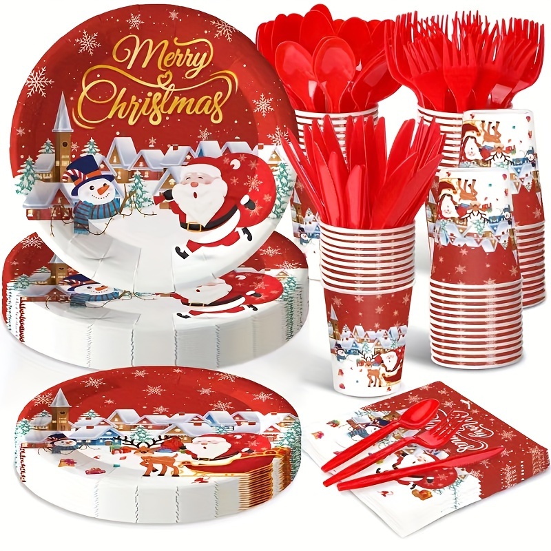 TEMU 169-piece Christmas Party Tableware Set, Santa Snowman Christmas Party Decorations Disposable Paper Plates And Napkins, Winter Birthday Party
