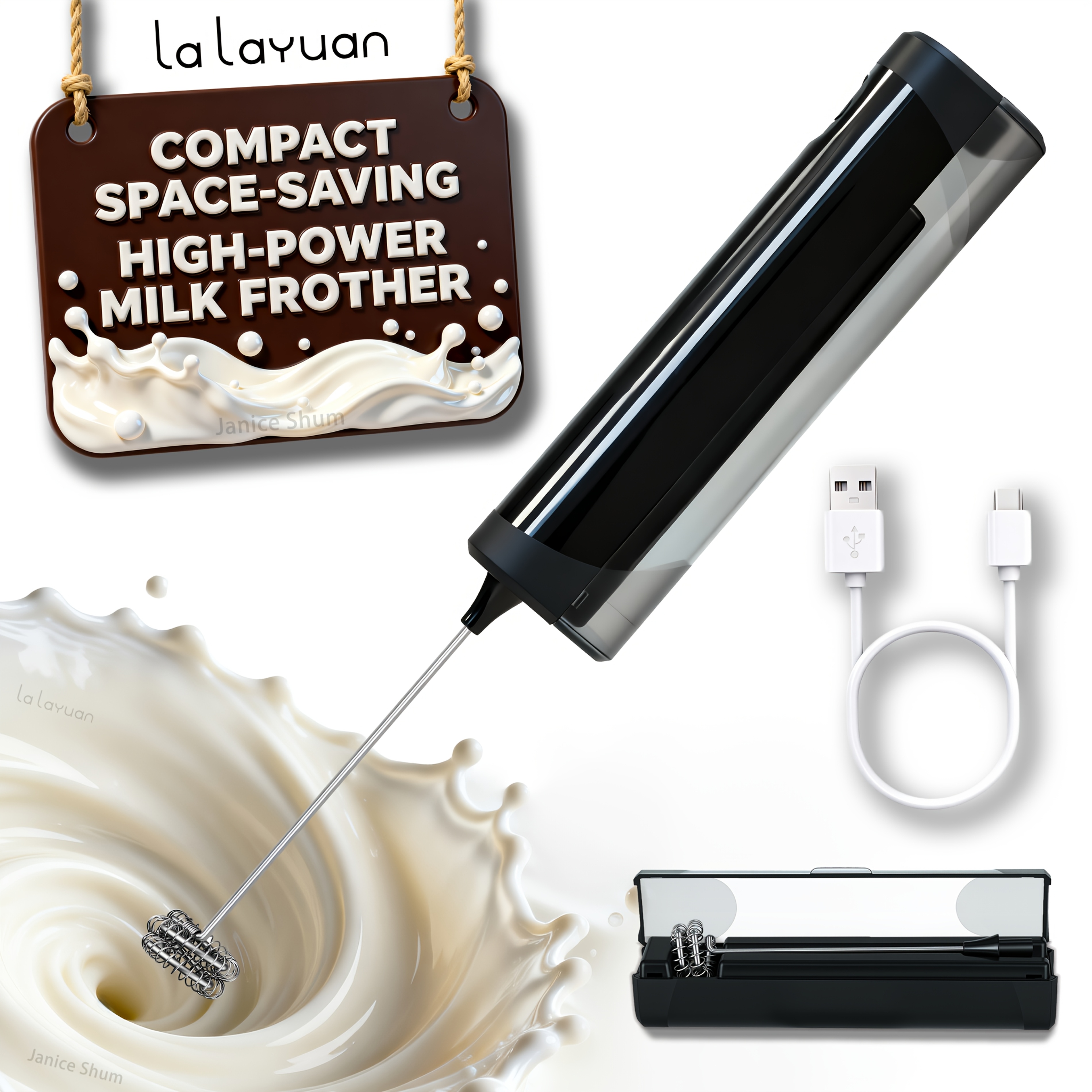 Image of Lalayuan Foldable Handheld Milk Frother Usb Rechargeable, 12000rpm Electric Frother Wand With Built-in 500mah Battery, One-button Operation Portable Drink Mixer