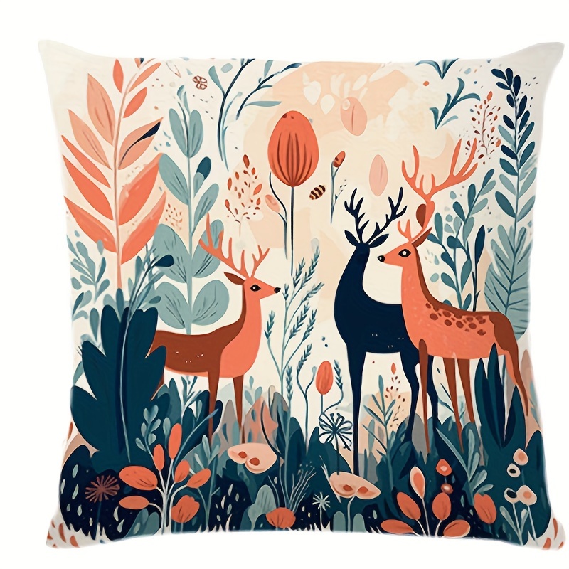   forest deer and mushroom polyester throw pillow cover contemporary woven style for   room bedroom and sofa decor zipper closure hand wash only pillow insert not included details 6