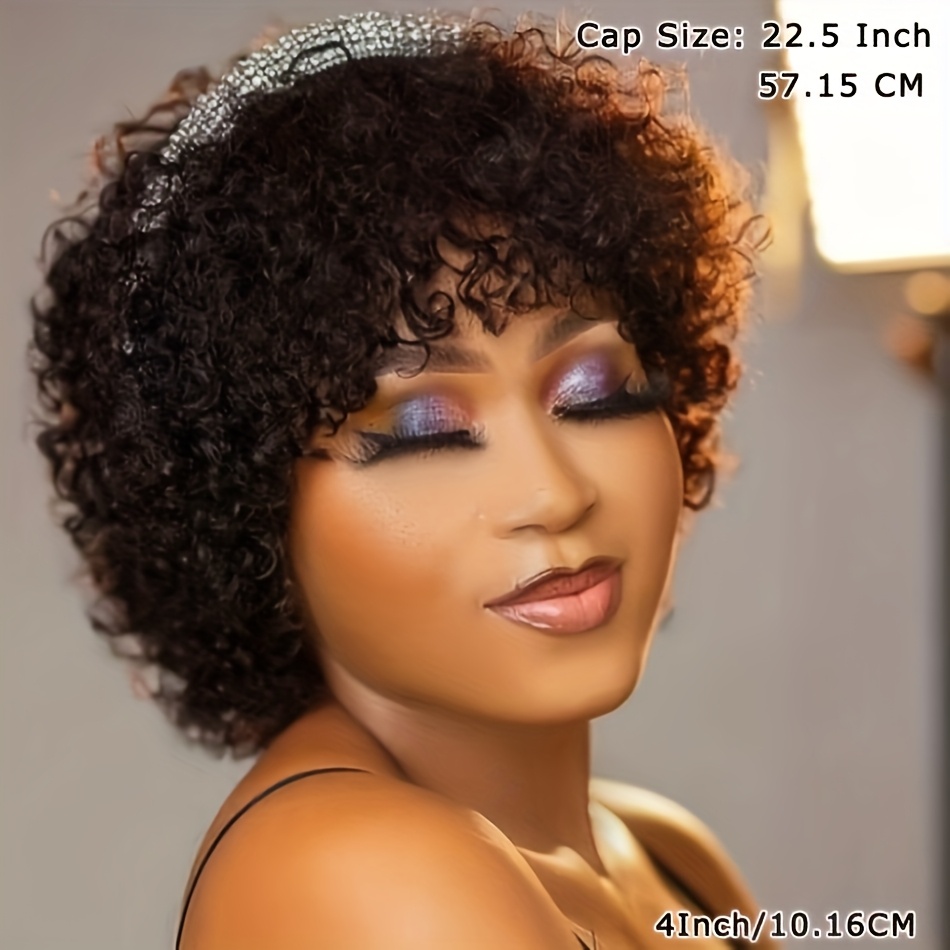 E-shop Afro Kinky Lockiges Echthaar Perücke für Damen Kurze Lockige Welle Echthaar Perücke mit Pony Vollständig Maschinell Gefertigt 200% Dichte