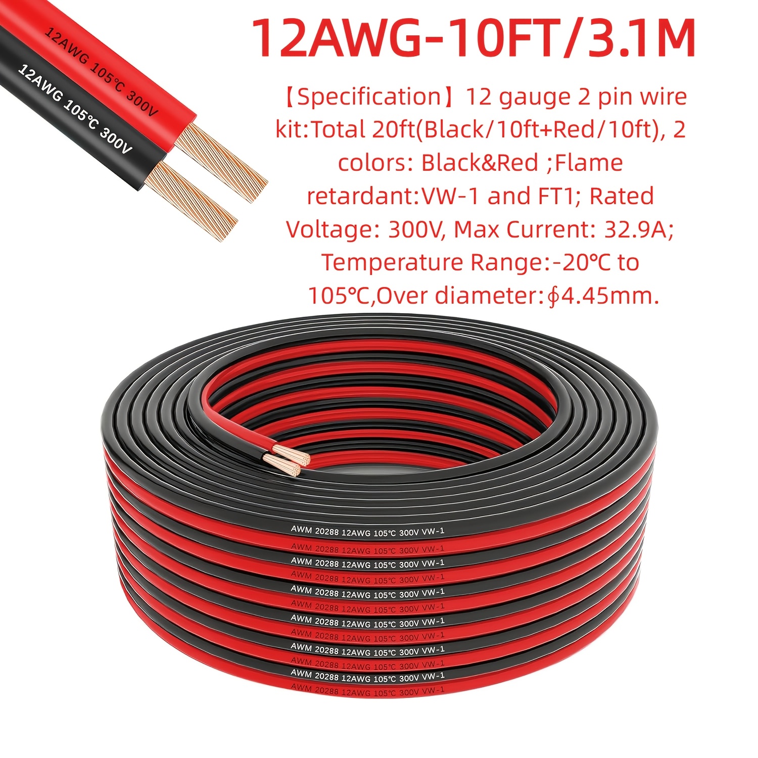 Câble électrique 18 AWG 2 Fils Rouge Et Noir - 100 Pieds (30.5 M) - Pour Bandes LED, Installations Extérieures