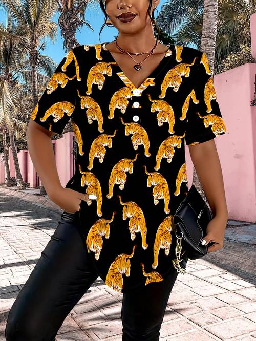 item picture womens plus size tiger print v neck short sleeve t shirt loose and trendy summer top