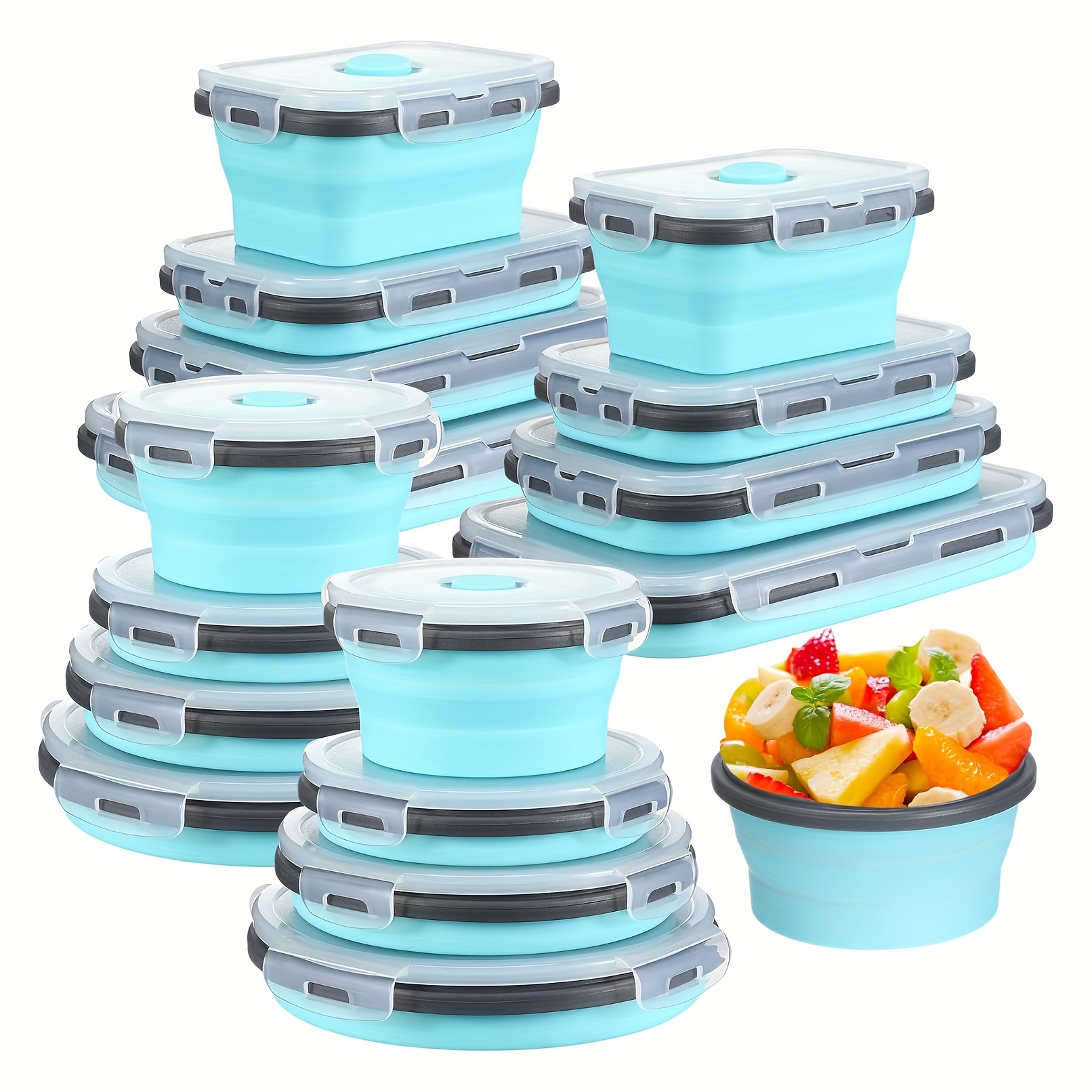 Image of 16pcs Collapsible Food Storage Containers With Lid Foldable 8pcs Rectangle Storage Bowl And 8pcs Round Silicone Food Bow For Lunch Rv Accessories Microwave Freezer Safe