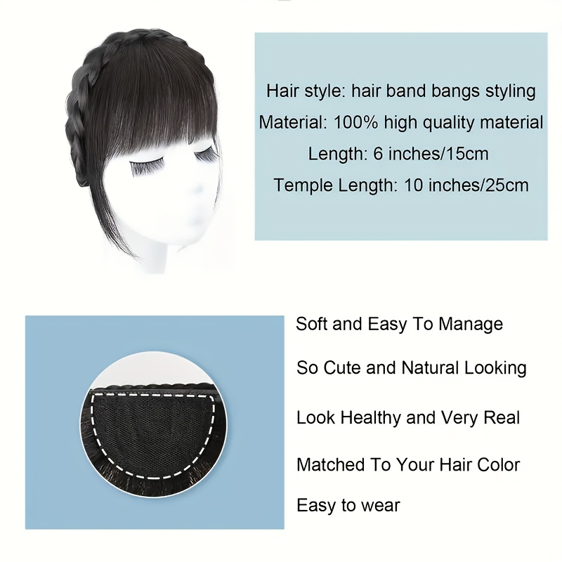 1pc elegant women s clip in synthetic bangs with double braid design lightweight versatile hairpiece for all hairstyles   daily wear and special occasions sleek black bangs accessory details 3